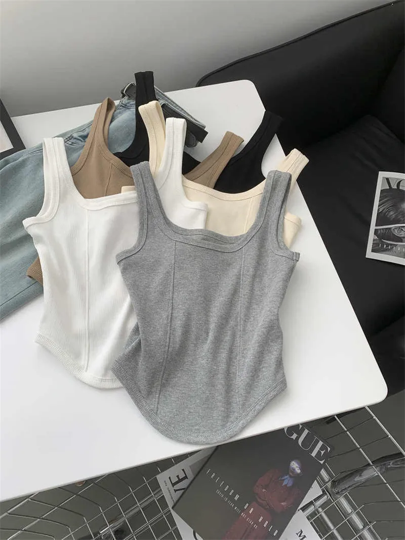 Slim Fit U-Neck Vest Women's Basic Summer Elastic Versatile Wide Shoulder Strap Trendy Arc Hem Threaded Vest Short Style Poly...