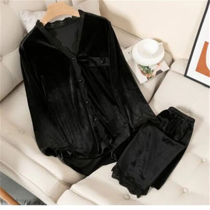 New Women Velvet Pajamas Autumn Winter Sleepwear Long Sleeve Casual Nightwear Pyjamas Suit Loose Home Clothes Lace Trim Sleep