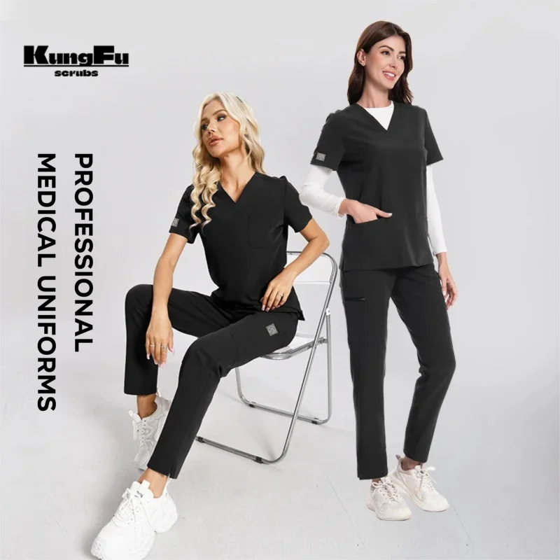 Black Scrubs for Women Set V-Neck Top Straight Leg Pants Slim Fit Stretch Medical Uniform Hospital Workwear