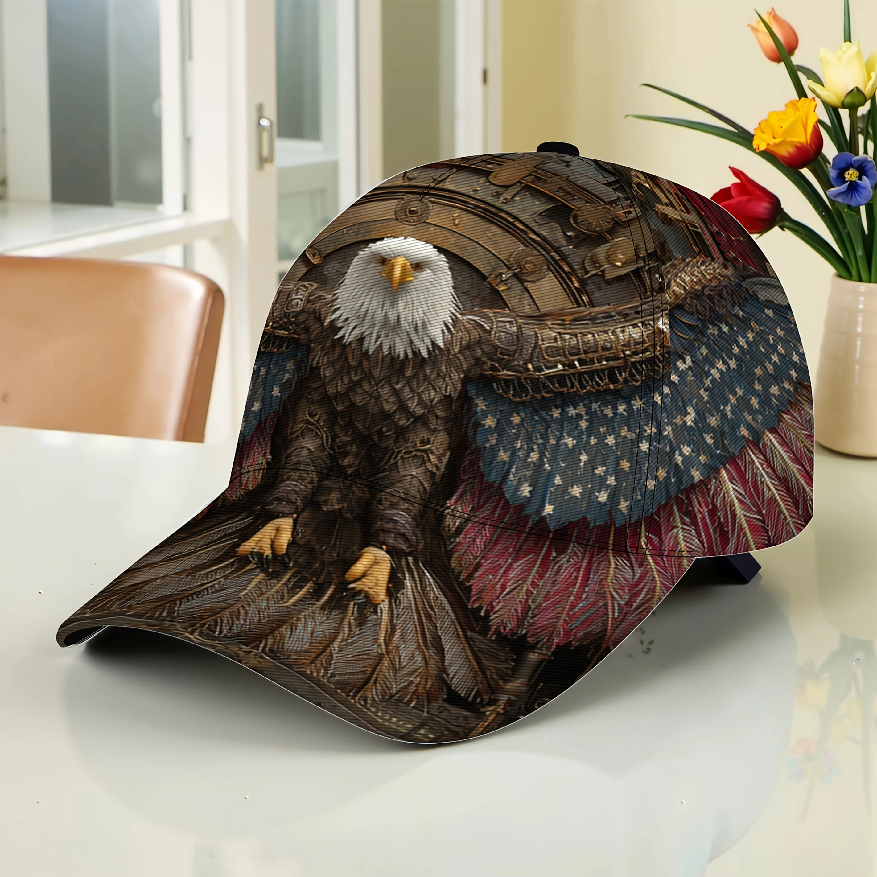 A Mechanical Eagle Steampunk Flag Wing Lightweight Baseball Cap, Featuring a Vibrant Design and Adjustable Buckle, Perfect for O