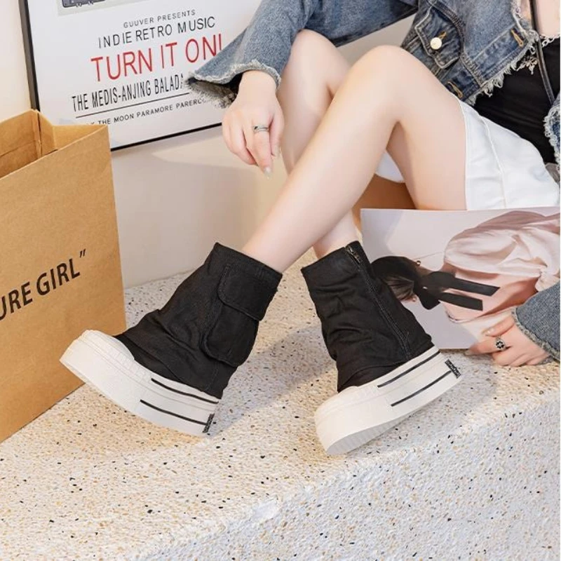 12CM New Denim Canvas Women Autumn Spring Hidden High Synthetic ZIP Ankle Booties Flats Platform Wedge Ankle Boots Fashion Shoes view 2