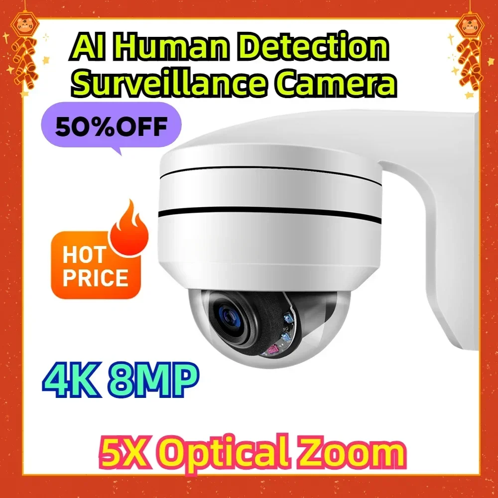 

5X Optical Zoom 4K 8MP Varifocal PTZ IP Camera Outdoor Dome POE CCTV Audio AI Human Detection Surveillance Camera 8MP AC18 Pro