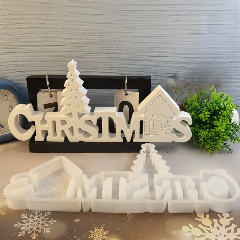 Christmas English Letters Ornament Mold Christmas Tree and House Gypsum Molds DIY Aroma Plaster Epoxy Resin Clay Silicone Mould