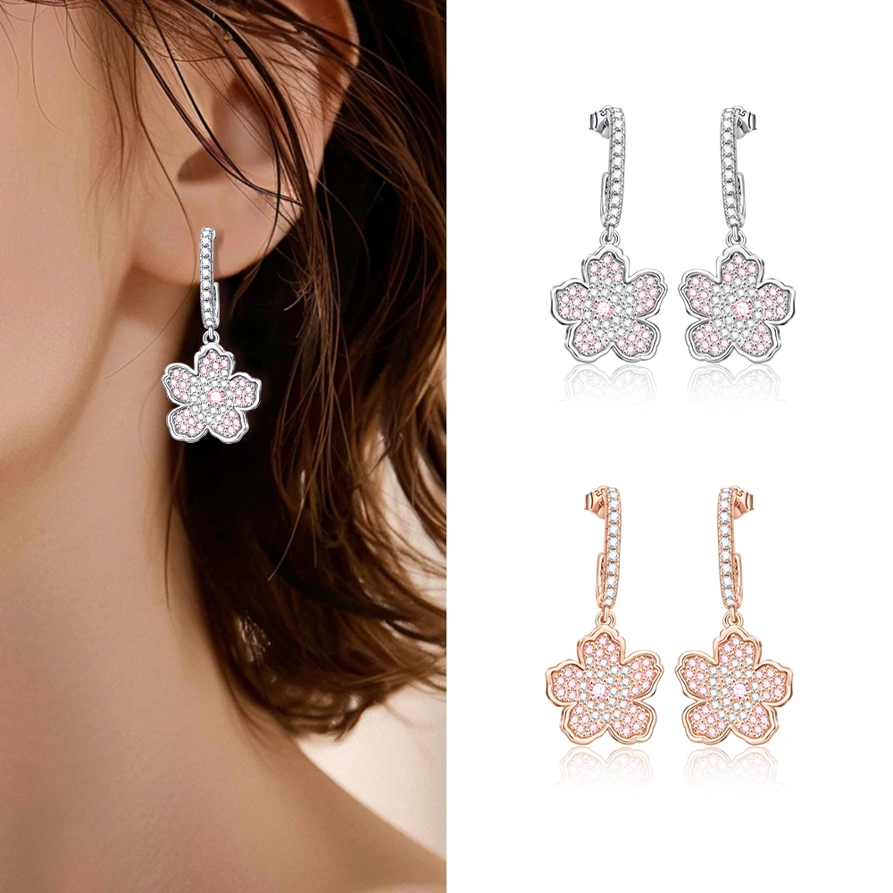 Beautiful 925 Sterling Silver Rose Gold Flower Combination Earrings Romantic Couple Date Decoration Gift