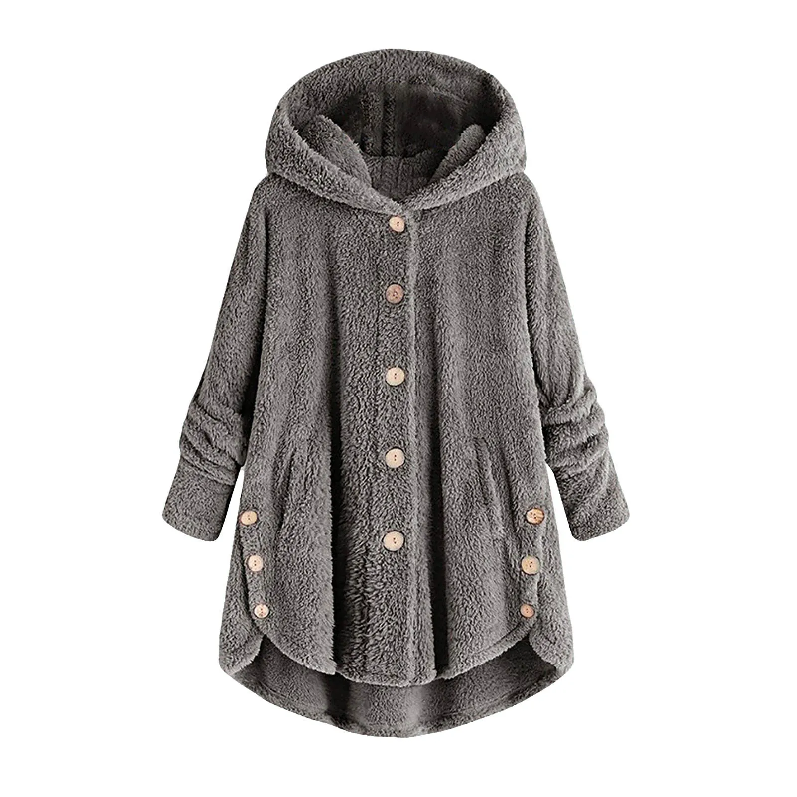 Women Plus Size Button Plush Tops Hooded Loose Cardigan Wool Coat Winter Jacket female fashion Single-breasted warm coat