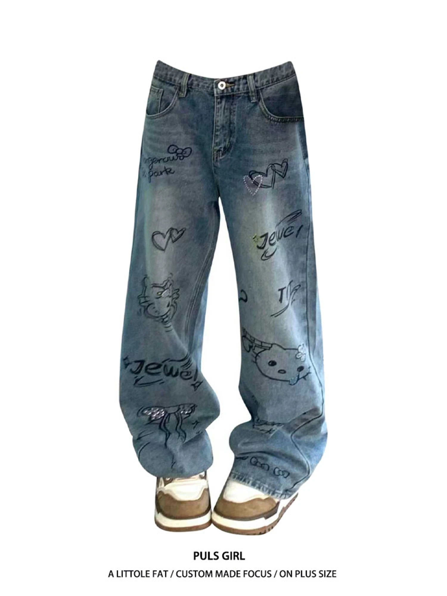 

Women's High Waist Wide Leg Light Blue Washed Jeans Cartoon Graffiti Heart Print Y2K Streetwear Casual Denim Trousers