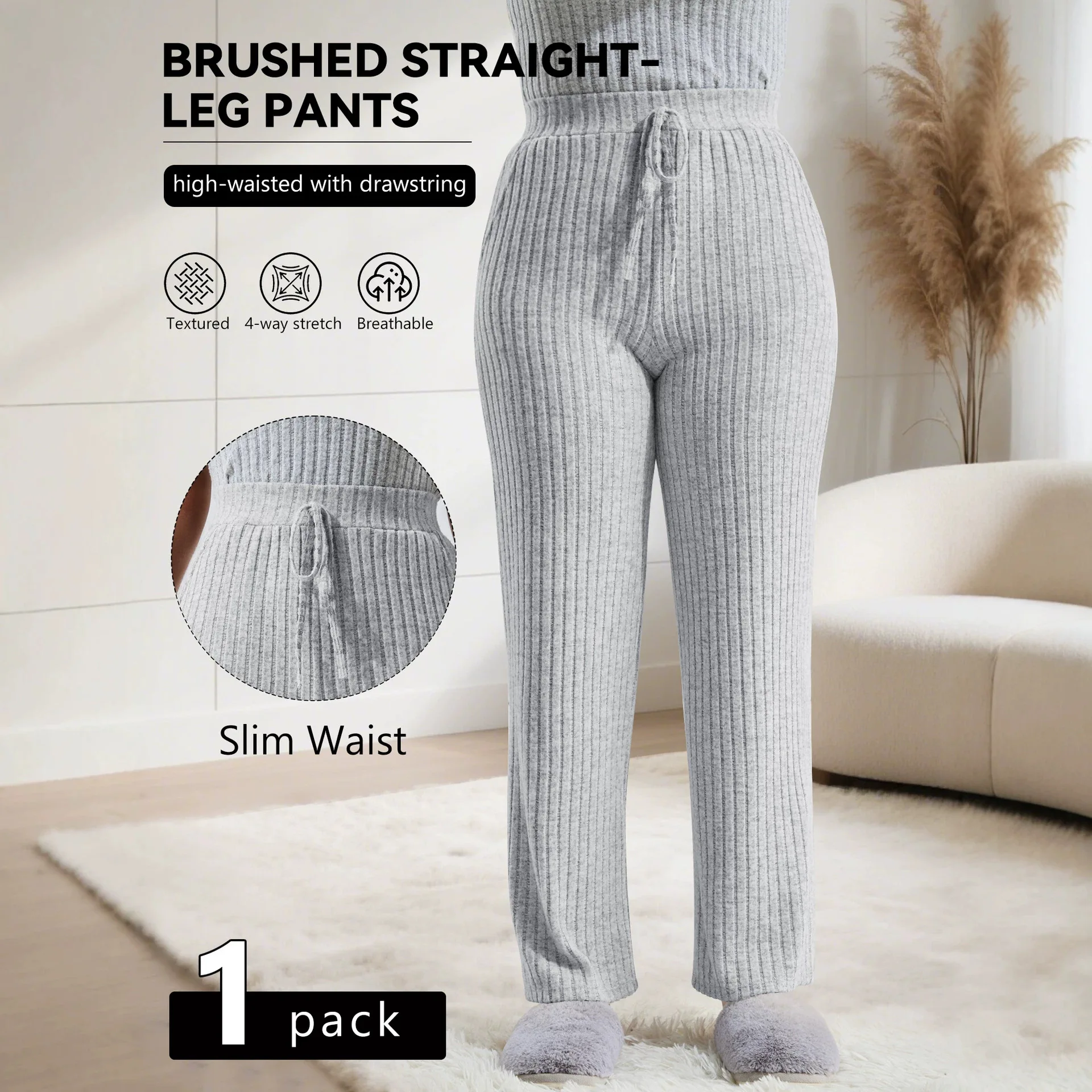 Autumn Winter Women Brushed Ribbed Straight Leg Pants Plus Size High Waist Drawstring Casual Lounge Pants Side Pockets