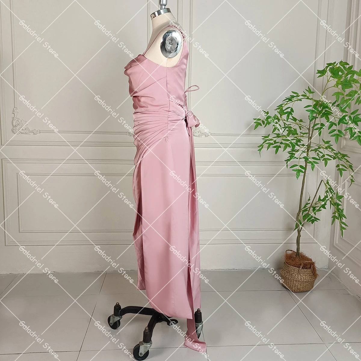 Customized Cowl Neck Sheath Ankle Length Evening Dress Glossy Satin Soft Laceup High Slit Chic Spaghetti Straps Bridesmaid Gowns