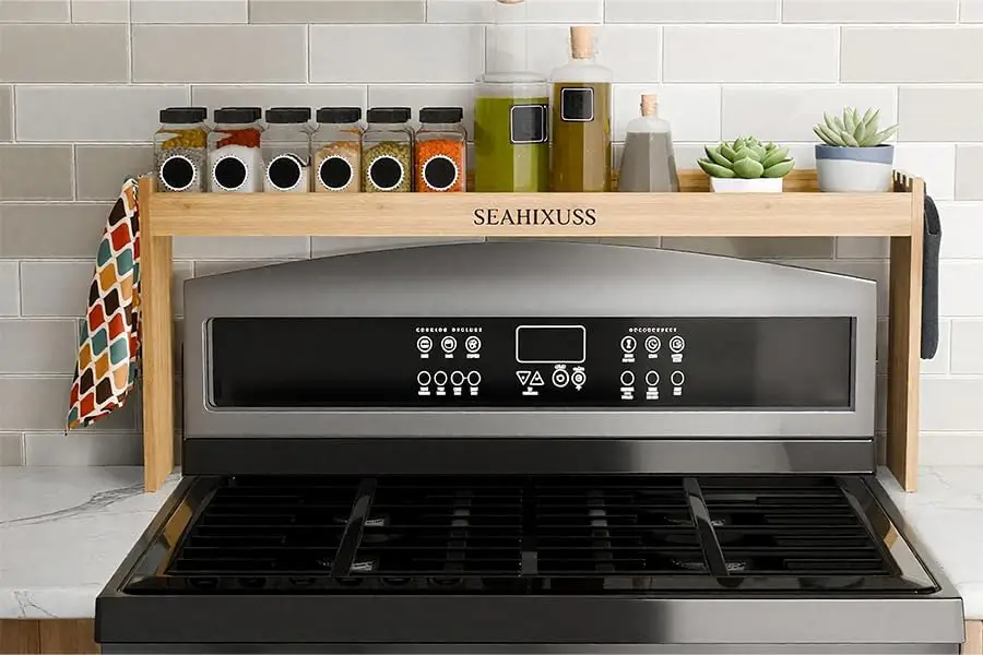 

Bamboo Over the Stove Spice Shelf for Kitchen Storage, 31.5" Spice Rack Organizer Stove Top Shelf with 6 hooks, 11.4" He