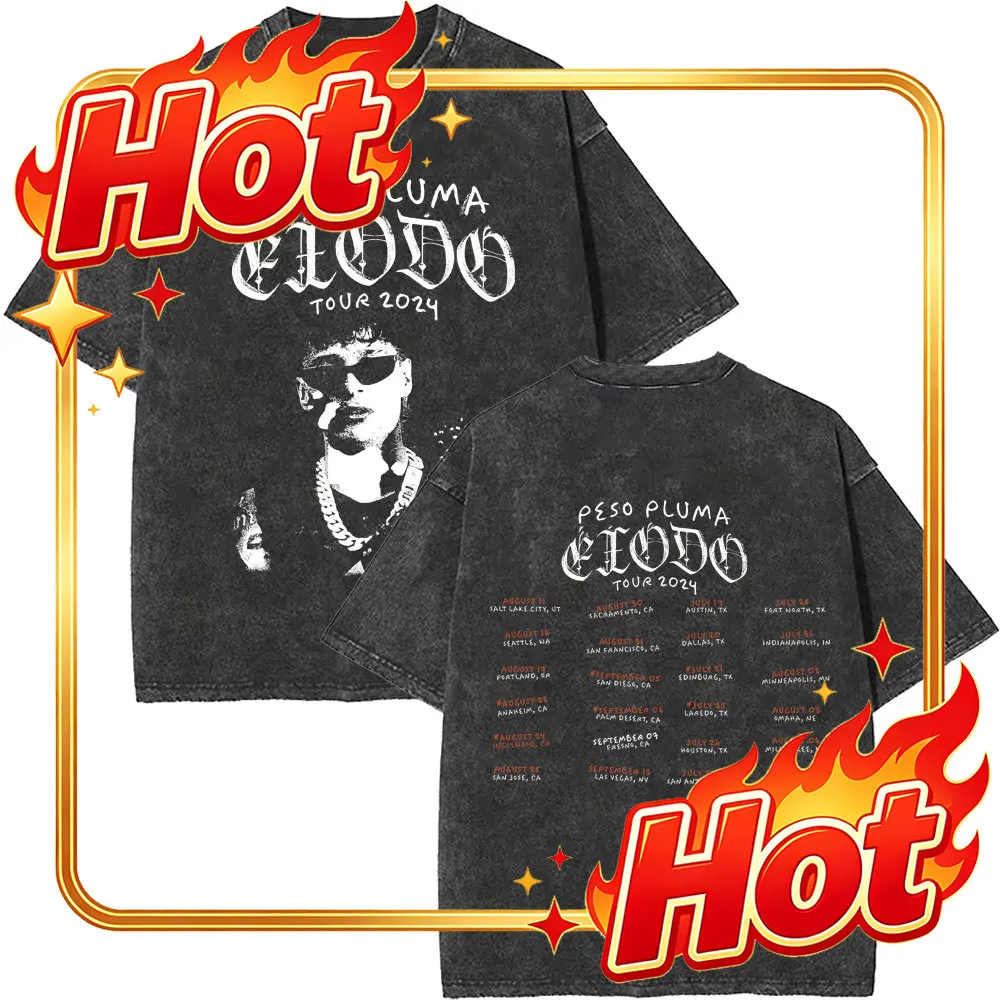 Custom Singer Peso Pluma Exodo Music Album Tour 2024 Vintage Washed T-shirt Men Fans Oversized Short Sleeve Male Hip Hop Fashion
