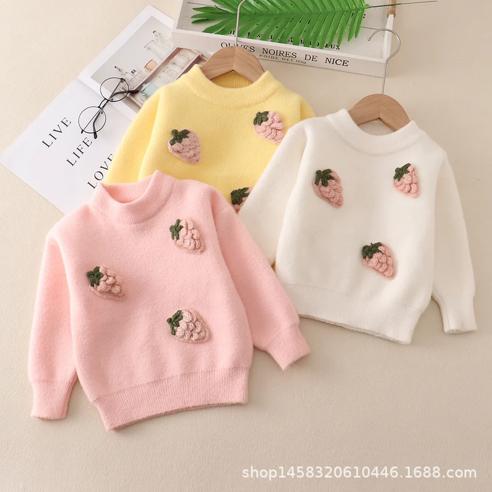 

Girls Sweater Knit Bottoming Shirt Fashion Warm Girl New Autumn Winter Strawberry Children's Round Neck Pullover Sweater IY06071