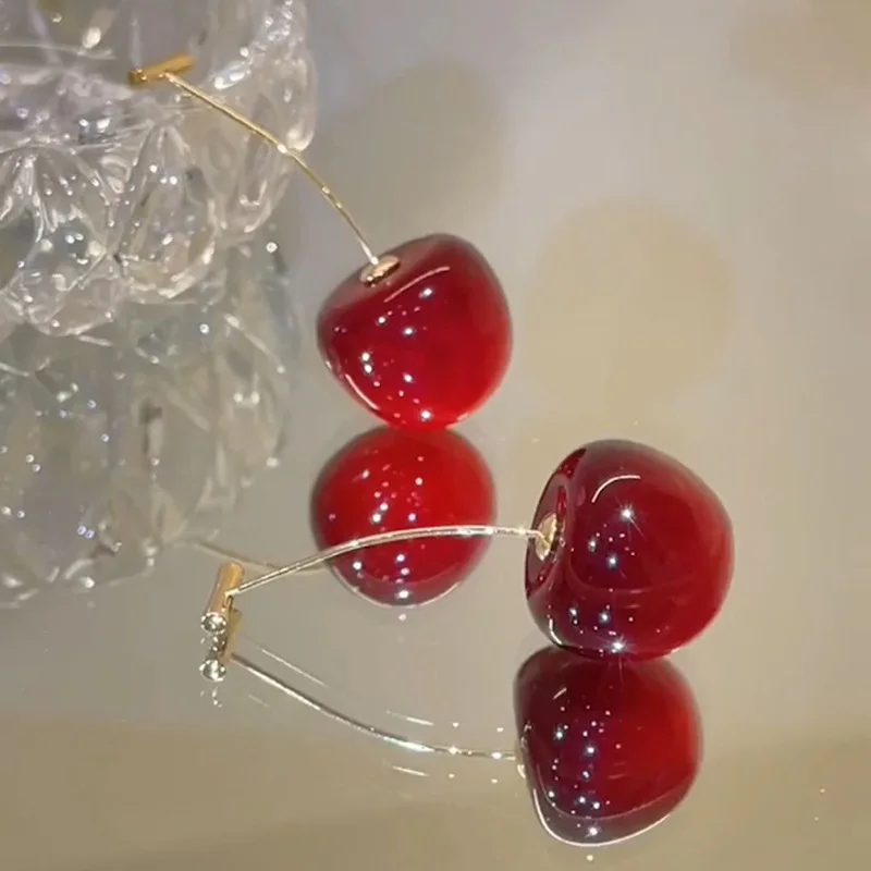 MOJOY Cute Red Cherry Drop Earrings for Women Long Wire Fruit Dangle Earring Sweet Aesthetic Fashion Party Jewelry Gift