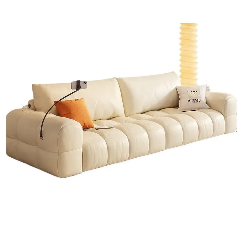 for French Cream Marshmallow Sofa Living Room Puff Cloud Straight Row Multi Function Charging Leather Sofa