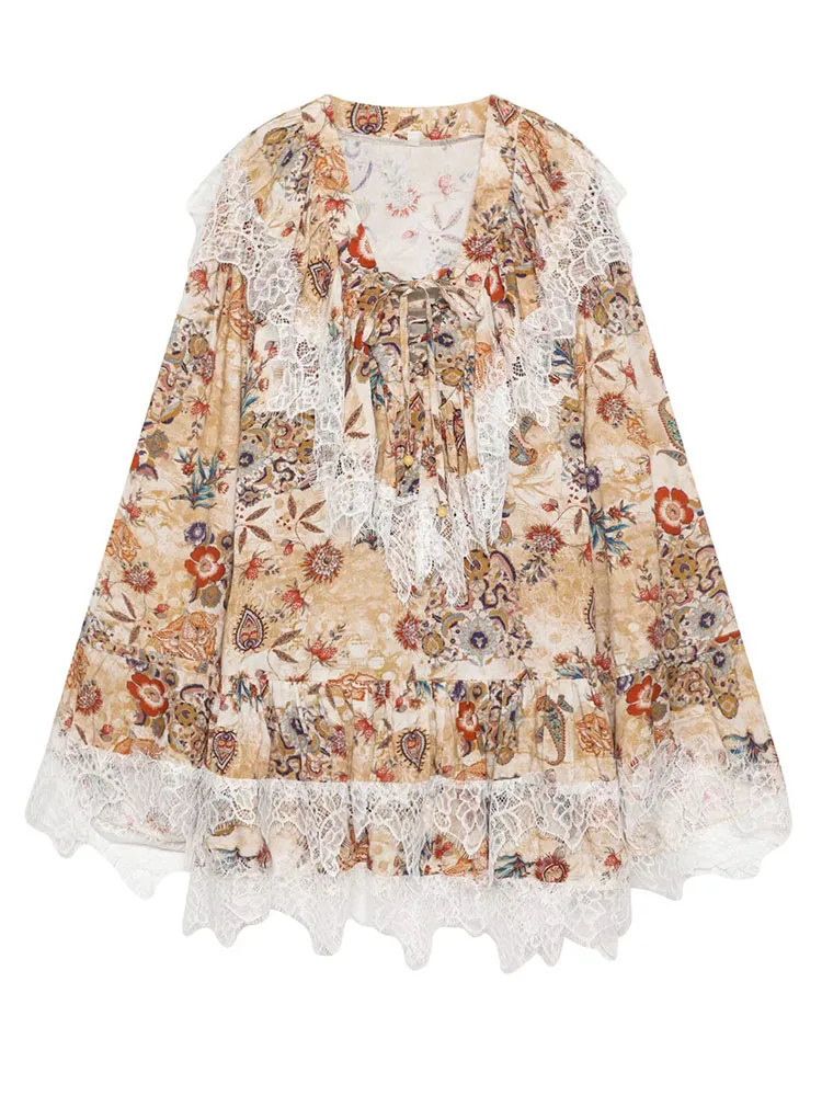 

HH Women's Spring Fashion Versatile V-neck Lace Trim Long Sleeve Dress Female Elegant Lace-up Stacked Hem Decoration Mini Dress