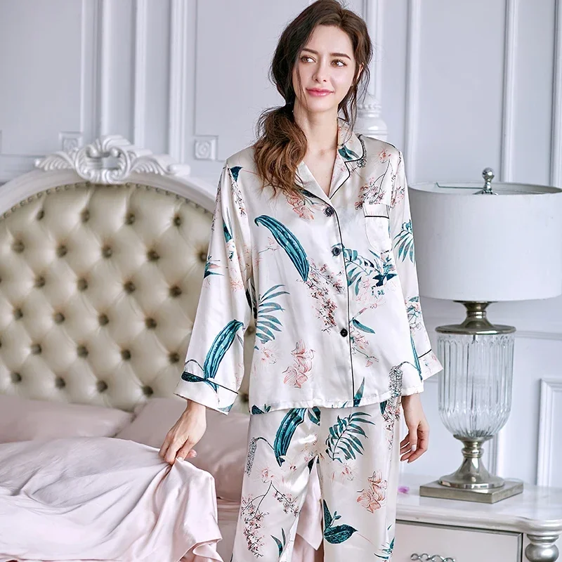 Printed 100% Mulberry Silk 2 Pieces Long Sleeve Pants Pajamas Set Spring Women's Pajama Lapel Sleepwear Casual Pijamas Room Wear