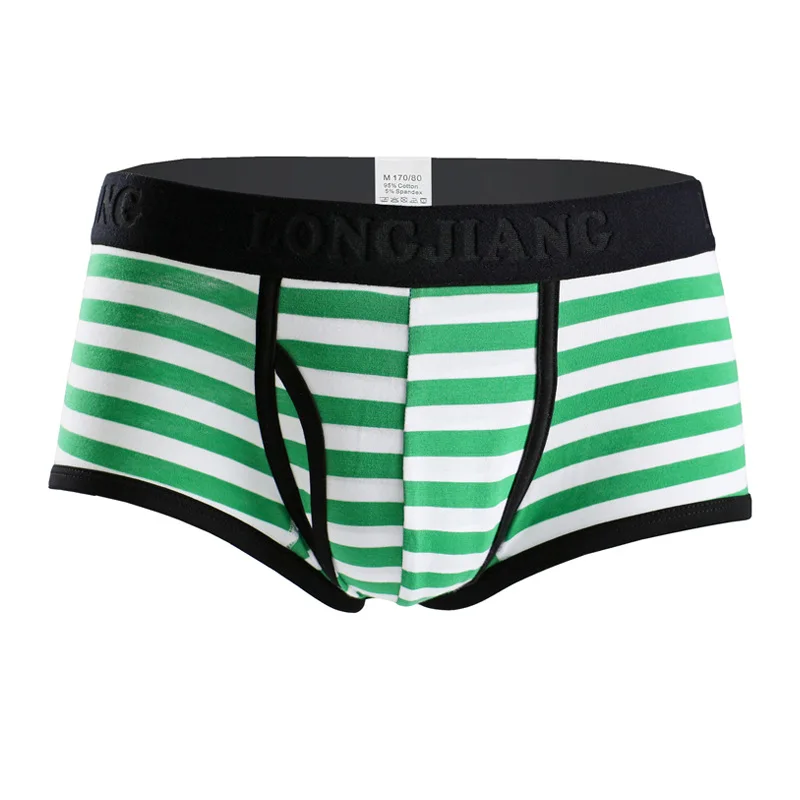 Mens Underwear Striped Trunks Skinny Cotton Breathable Cozy Sweat Absorption Mid-rise Penis Pouch Side Split Sports Boxer Shorts