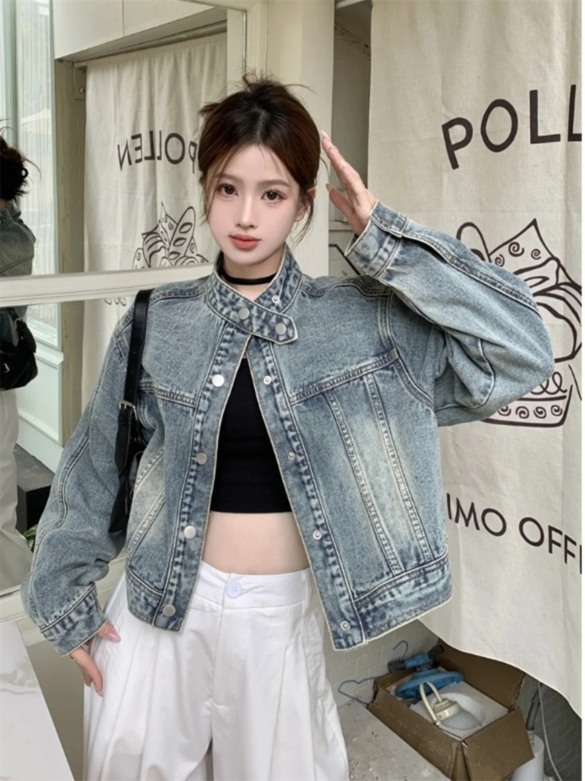 

Denim Coats Unisex Womens Fall Wide Waistband Ribbed Snap Button Sportswear Outcoats Standneck Blended Embroidered Patchwork Y2K