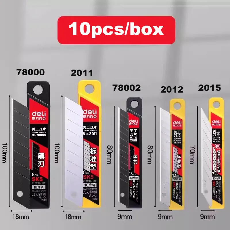 Juego de cuchillas de cuchillo Deli Metal SK5, 10 hojas/1 caja, 9/18mm, suministros escolares para el hogar, arte, artesanía, corte de papel, herramienta cortadora de cuchillos