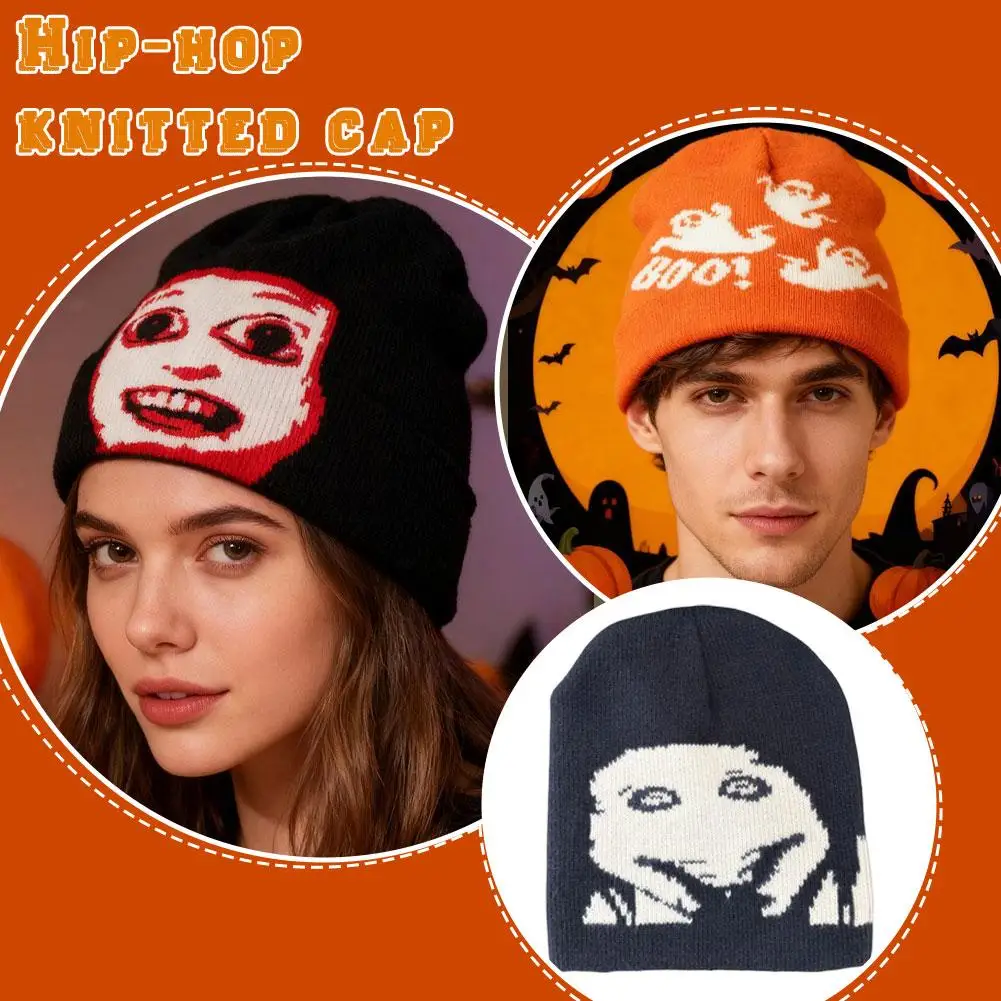 Halloween Unisex Street Funny Hip Hop Knitted Hat Comfortable Warm Soft Contrasting Knitted Hat Holiday Parties Fashion Knit Hat