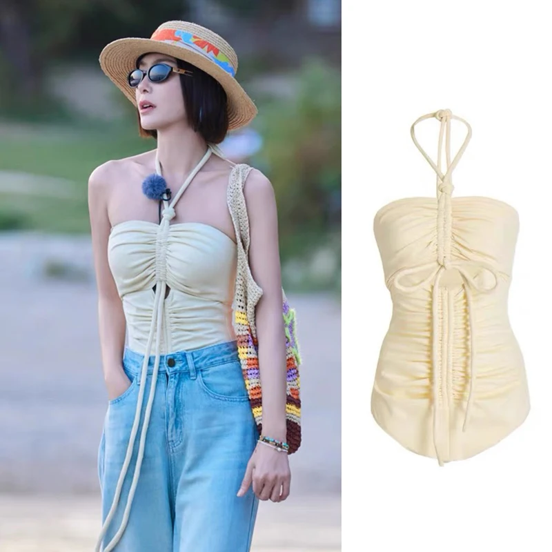 

Conservative One-Piece Swimsuit for Women Neck Hanging Yellow Brown Student Vacation Thermal Body Slimming Belly Cov...