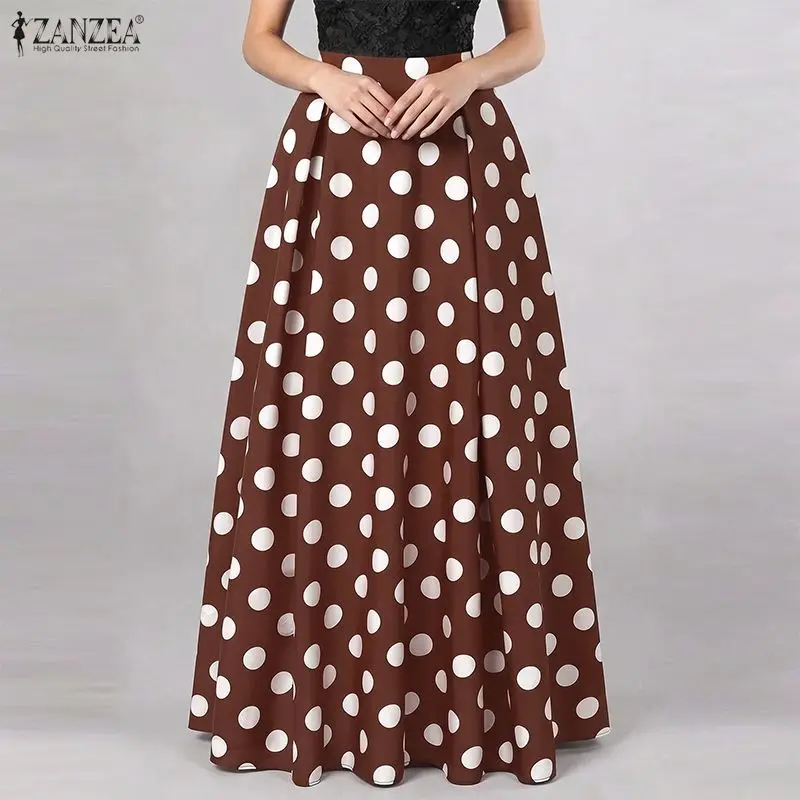 ZANZEA Fashion Elegant Women Polka Dots Maxi Skirts Elastic High Waist Loose A-Line Swing Skirt Cocktail Party Faldas de Mujer
