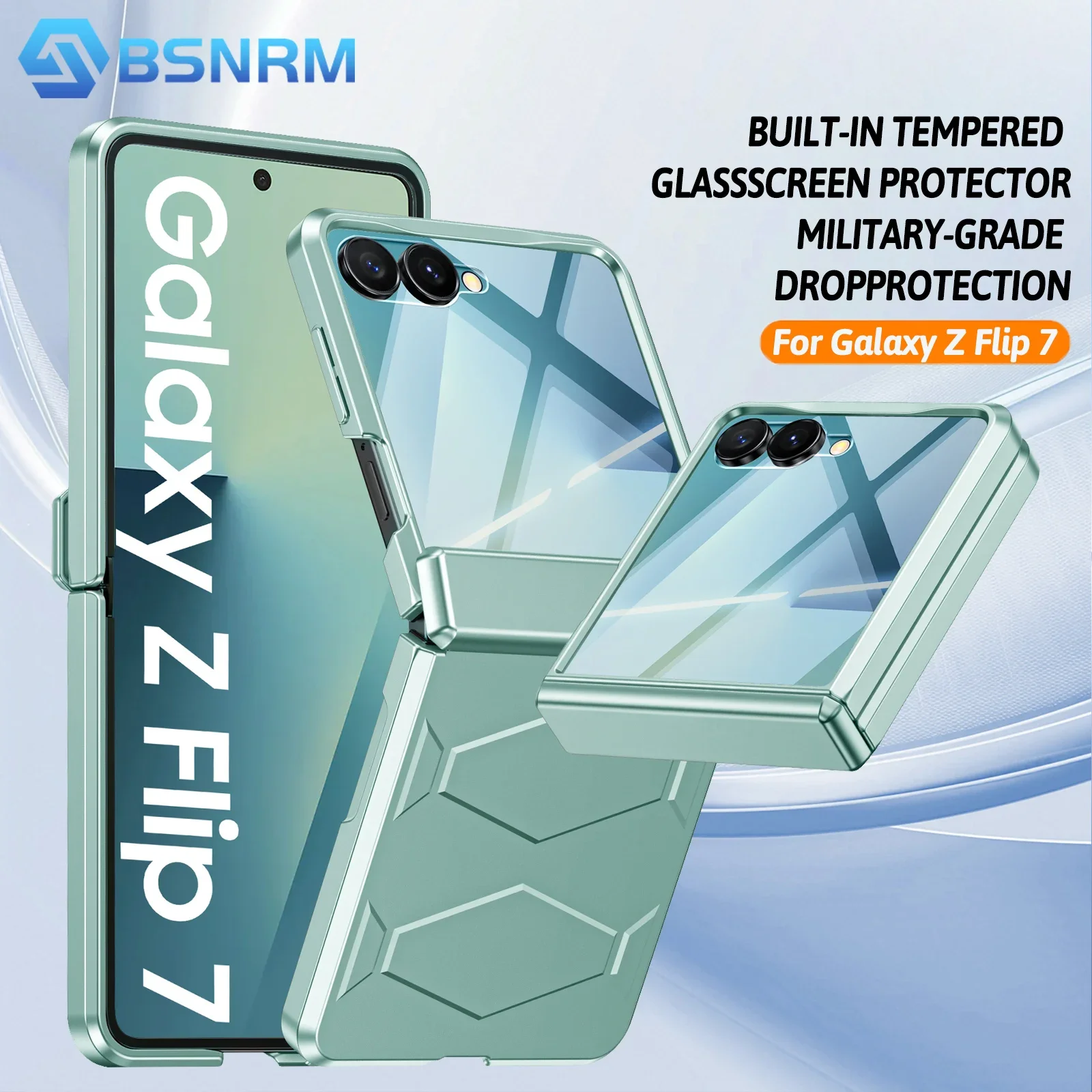

Противоударный чехол для Galaxy Z Flip 7, нескользящая текстура, закаленная защита шарниров, беспроводная зарядка, защитный чехол для телефона-светло-зеленый