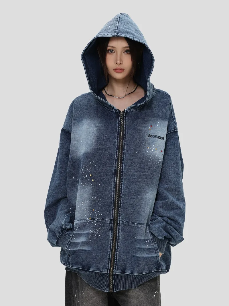 American High Street Fashion Trend Heavy-duty Rhinestone Cardigan Denim Sweatshirt Loose Casual Zipper Hooded Jacket for Men