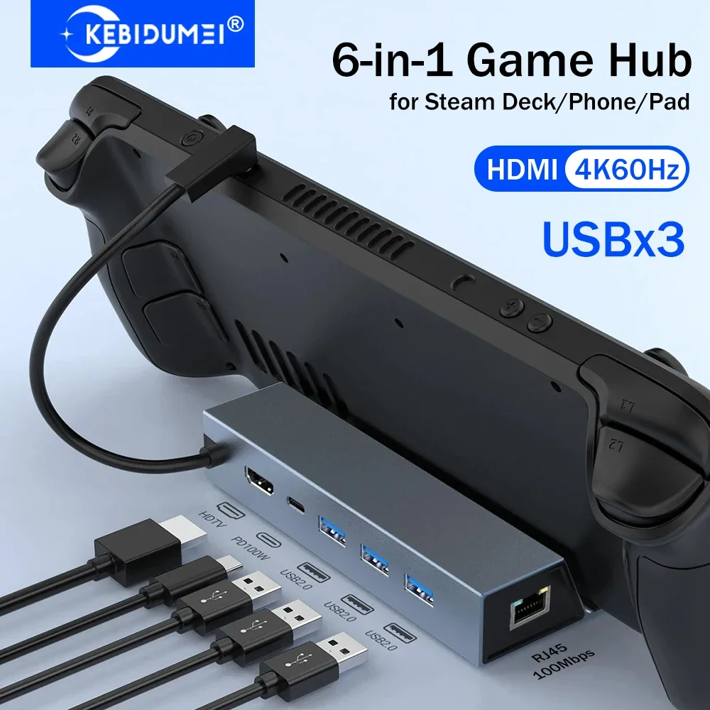 KEBIDUMEI 6-in-1 USB C Docking Station for Steam Deck Rog Ally Switch iPad Type C to HDMI 4K@60Hz PD 100W 3*USB 2.0 Game Hub
