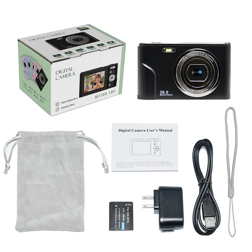 Cámara digital 1080P FHD Mini 36MP Pantalla LCD Cámara compacta recargable con zoom digital 16X YouTube Vlogging para niños, adultos