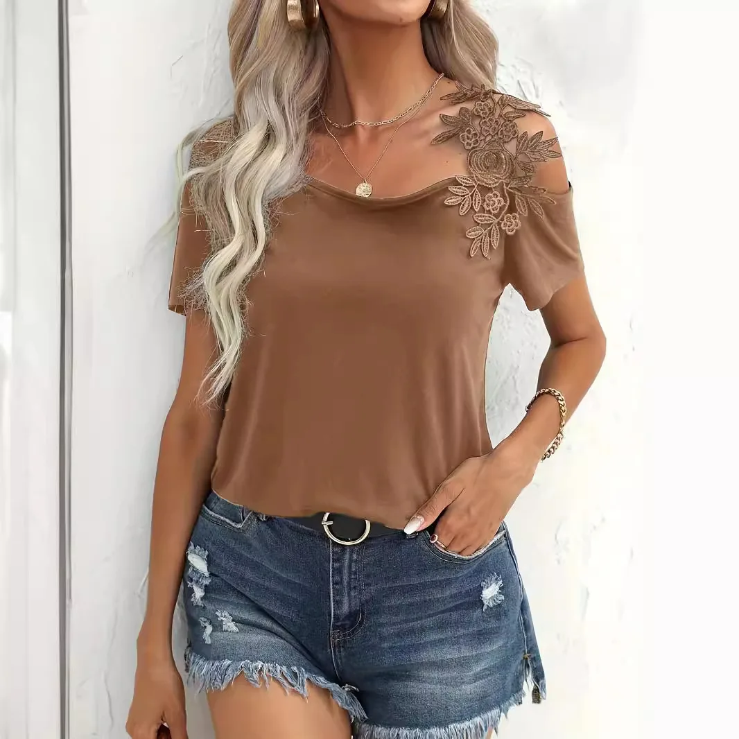 

Women's T-Shirt Asymmetrical Flower Off Shoulder Sleeved Design Sense Top Fashion 2025 Summer Solid Color Casual Streetwear Tee