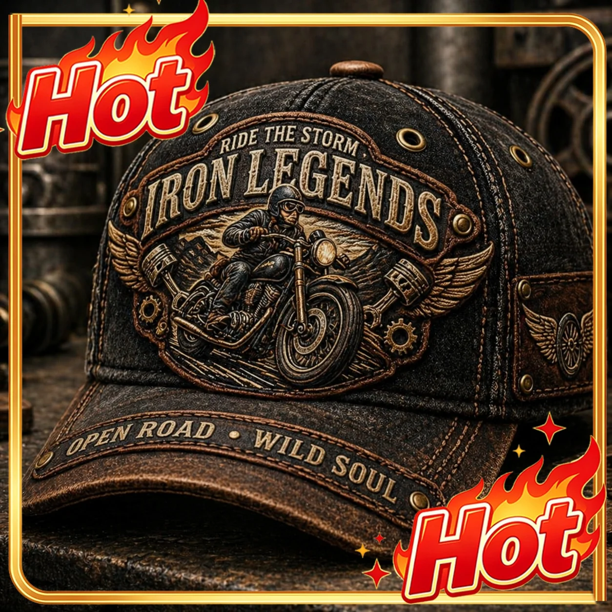 Custom Motorcycle All Over Print Baseball Cap Ride The Storm Wild Soul Open Road Ron Legends Commemorative Hat High