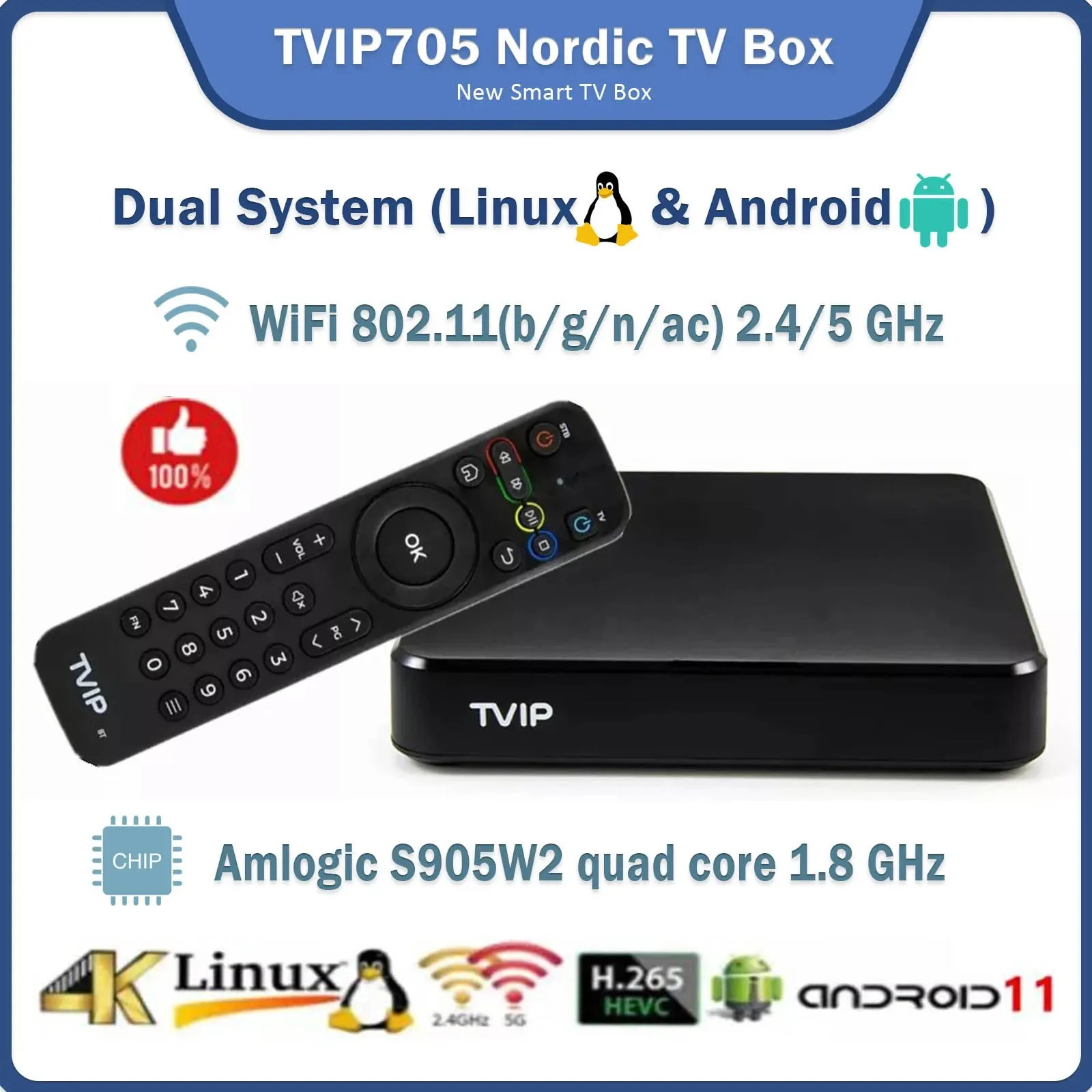 Most popularTVIP S-Box v.705 4K Ultra HD Linux +Android 11.0 OS TV BOX Amlogic S905W2 2.4/5G WiFi TVIP 705 Nordic One Media Play