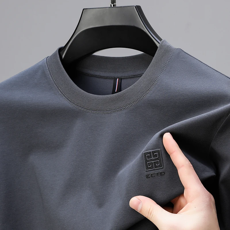 New Quality Luxury Men's T-shirt Spring Summer O-Neck Letter Embroid Long Sleeve 2024Korean Fashion Simplicity Casual Menswear