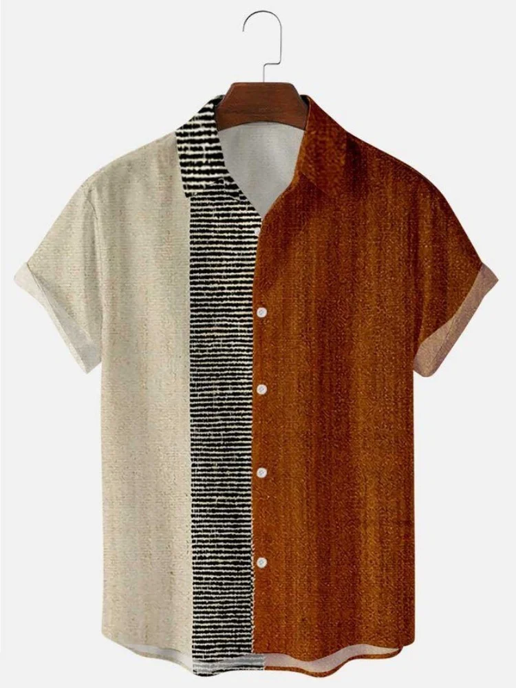 Men Color Block Patchwork Short Sleeve Shirt Vintage Texture Button Down Lapel Collar Striped Tops Tunics Hawaiian