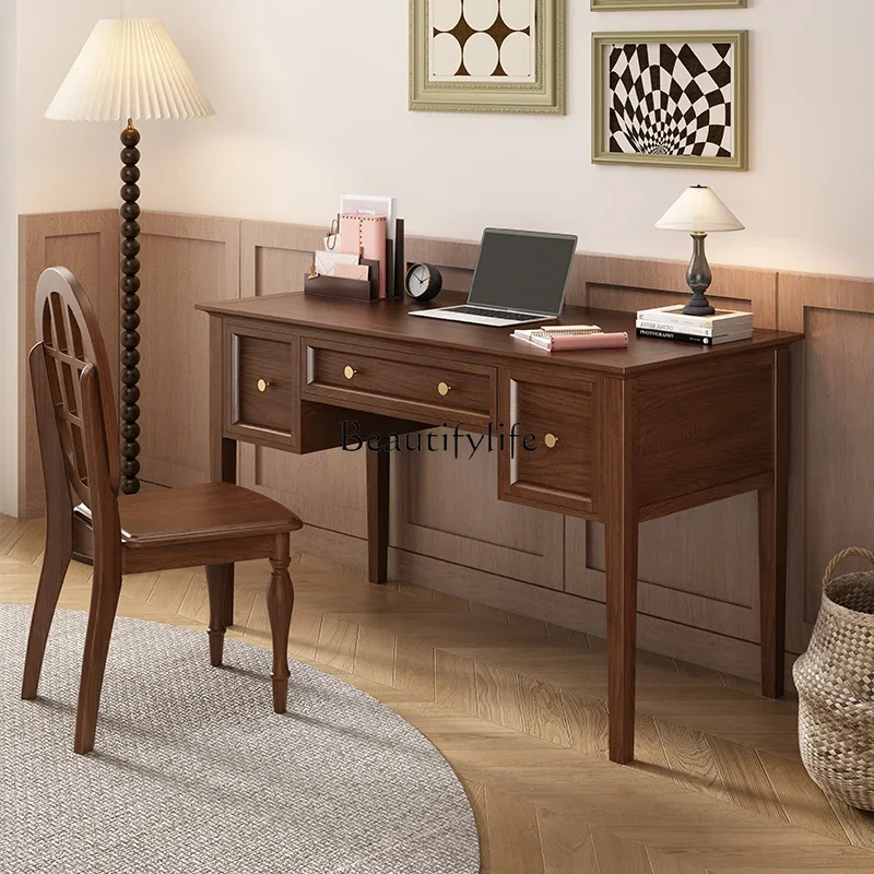 

yj5 American-style Simple Mid-century Desk Full Solid Wood Walnut Color Large Desk