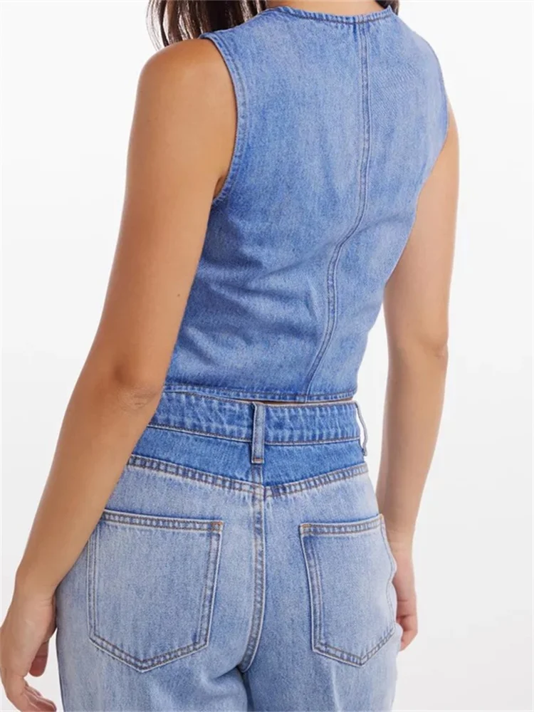 CHRONSTYLE Denim Square Neck Low Cut Front Buttons Up Tank Crop Tops for Women Sleeveless Slim Fit Summer Party Clubwear Vest