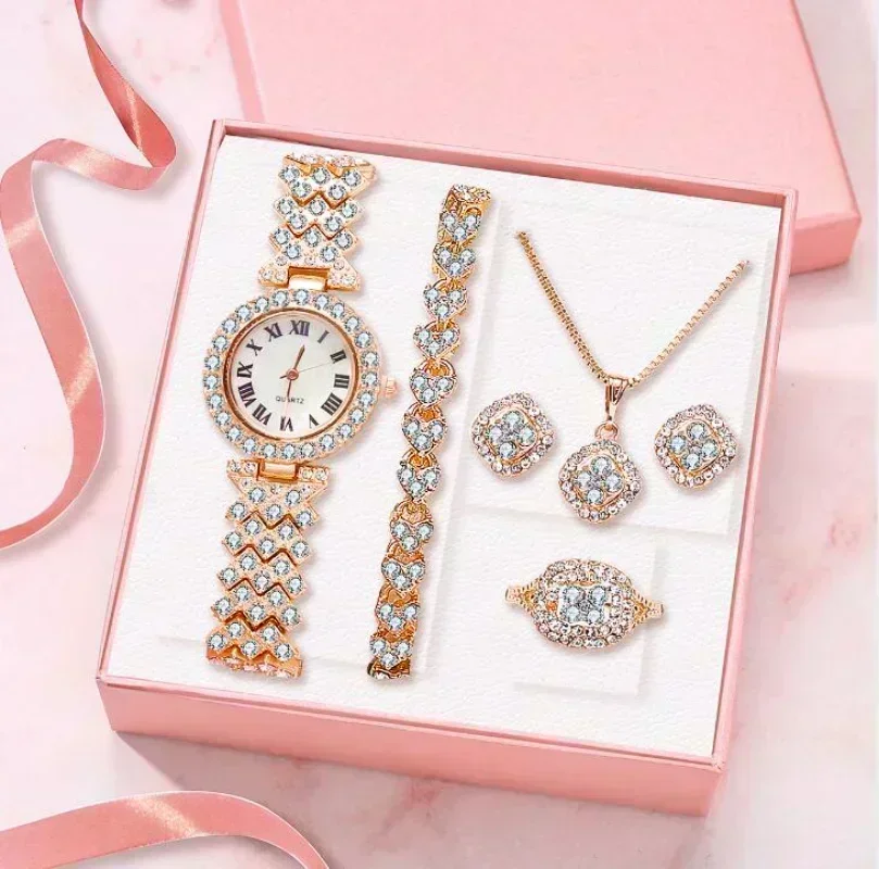 Fashion Luxury Full Crystal 5 Pcs Watch Necklace Earrings 