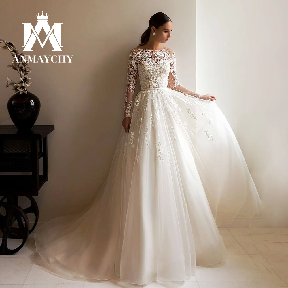 ANMAYCHY a-line فساتين زفاف للنساء 2023 طويلة الأكمام الوهم زر الزهور الدانتيل الخرز ثوب الزفاف Vestidos De Novia