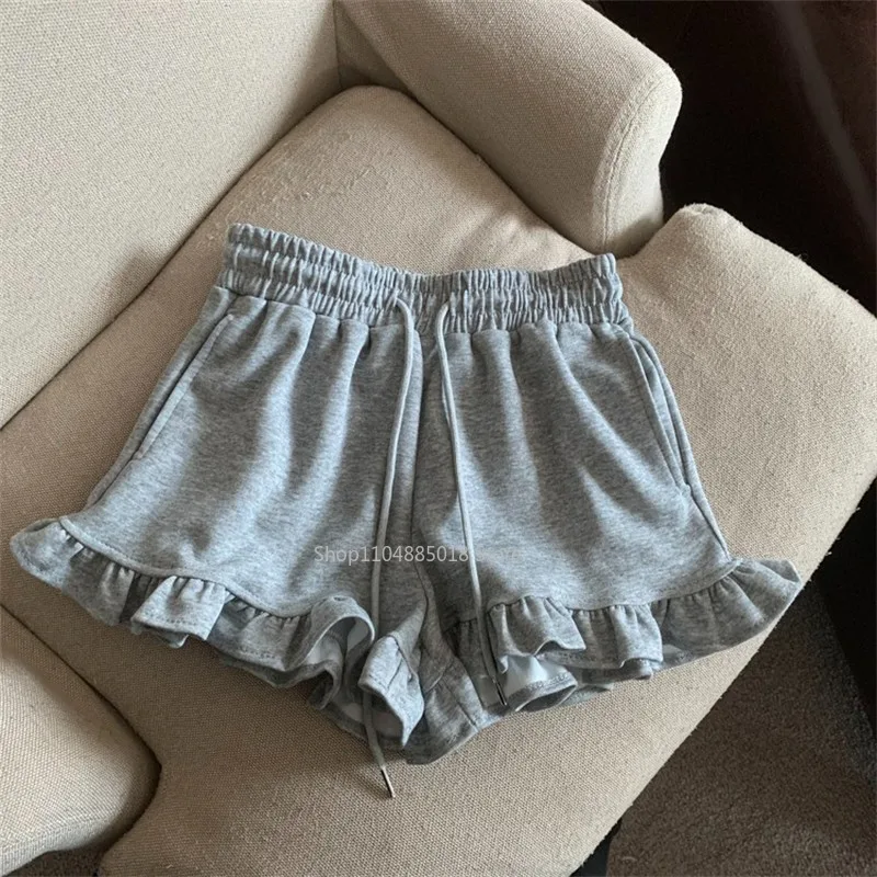 Summer wood ear edge high waisted casual wide leg drawstring sports shorts for women