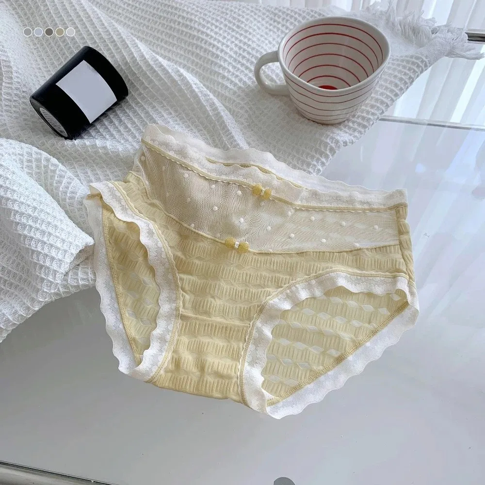 

Summer Mid Waist Lace Seamless Panties Bow Cotton Crotch Underwear for Women Transparent Lingerie Mesh Briefs Girl