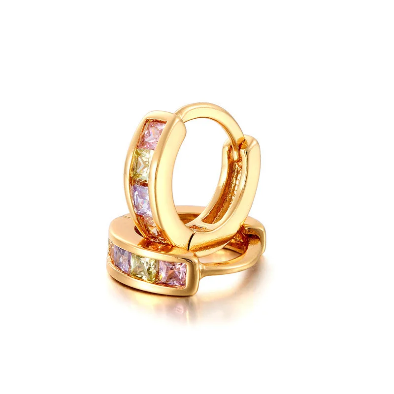 Cute 10mm Gold Color Rainbow Square CZ Stone Loop Small Circle Huggie Hoop Earrings For Women Girls Baby Kids Jewelry Brinco