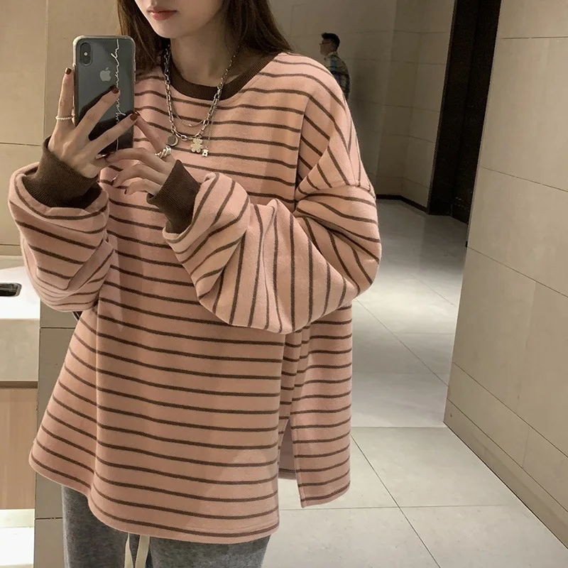 Herbst- und Winter-Damen-Sweatshirt im koreanischen Stil, lässig, Rundhalsausschnitt, lange Ärmel, Farbblock-Streifenmuster, Oversize, locker geschnitten, Damenoberteile. – Detail 5