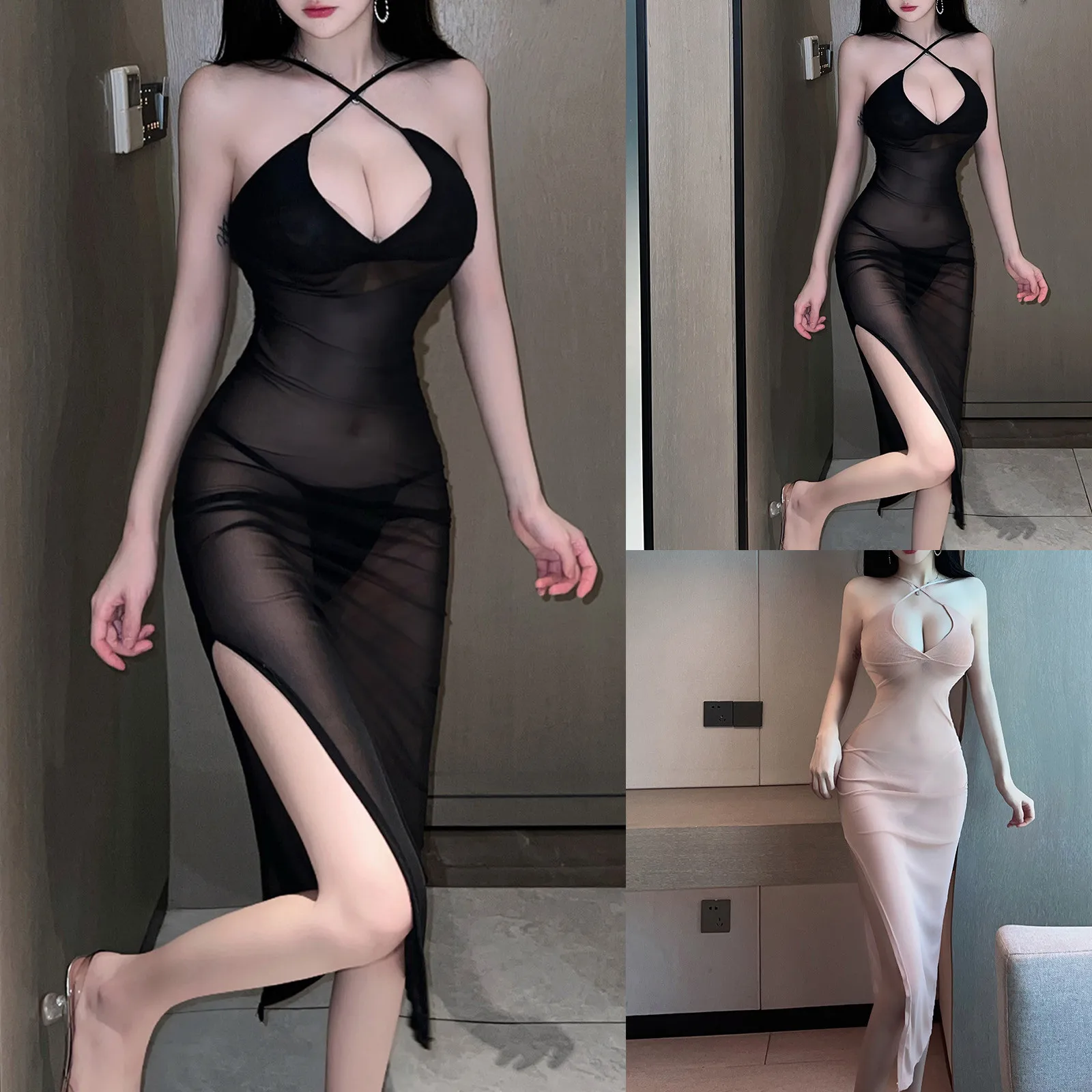 Sommer Frauen sexy Perspektive Karte Schulter Kleid würziges Mädchen schwarz Versuchung Nachtclub Wrap Hüfte Seite geteilt langes Kleid