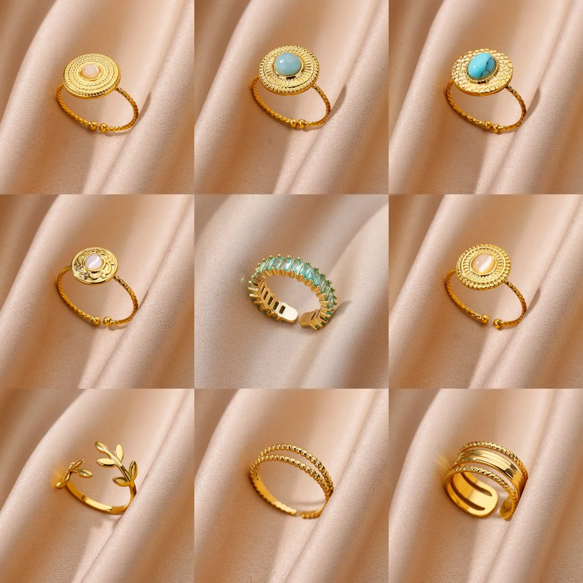 1 PCS Stainless Steel White Cat\'s Eye Round Open Ring Gold Color Adjustable Rings For Women Party Vacation Couple Jewelry Gift