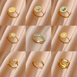 1 PCS Stainless Steel White Cat's Eye Round Open Ring Gold Color Adjustable Rings For Women Party Vacation Couple Jewelry Gift