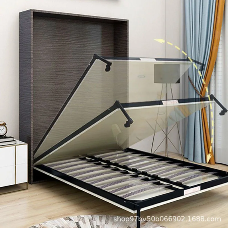 hidden bed folds forward, flips sideways, hides down, flips over the wall, and the wardrobe hides the wall