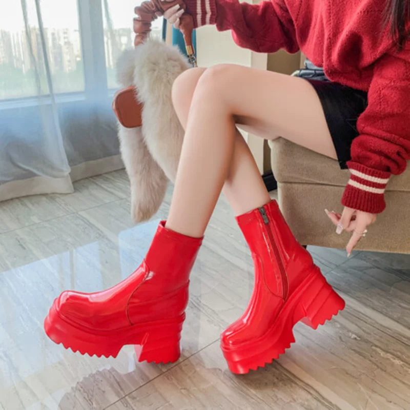 Square Toe High Platform Sponge Cake Thick Sole Height Increasing Short Boots Ultra-High Thick Heel Zipper Plush Lining Boots