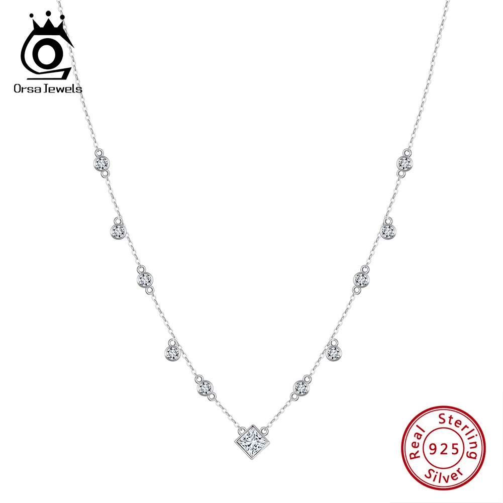 ORSA JEWELS 925 Sterling Silver Necklace with Geometric 5A Clear CZ Chain Classic Colar for Women Party Fine Jewelry BQN01