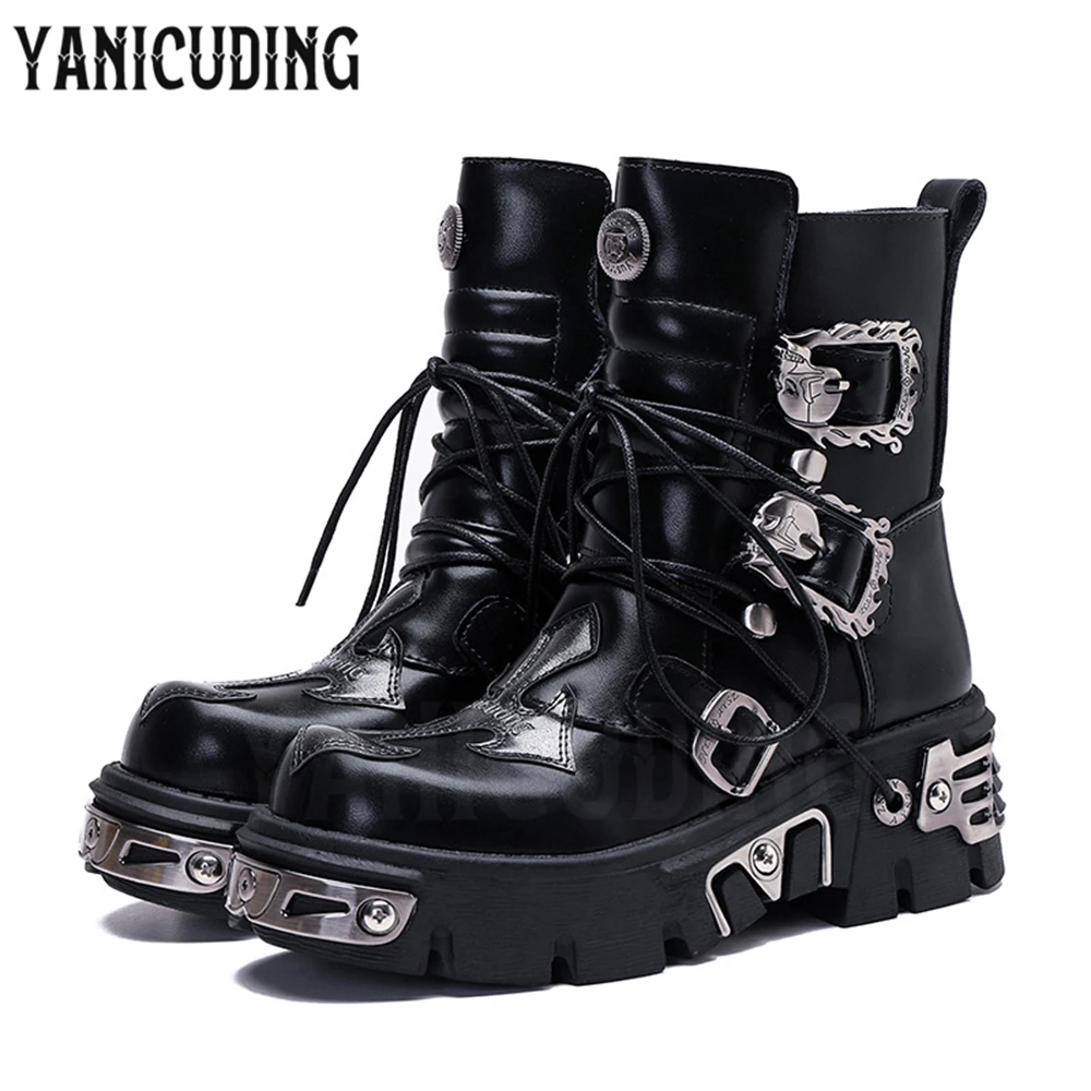 

Metallic Punk Booties for Women Rock Locomotive Platform Boots Black Leather Metal Fastener Lace-Up Fashion Ankle Boots Men Size