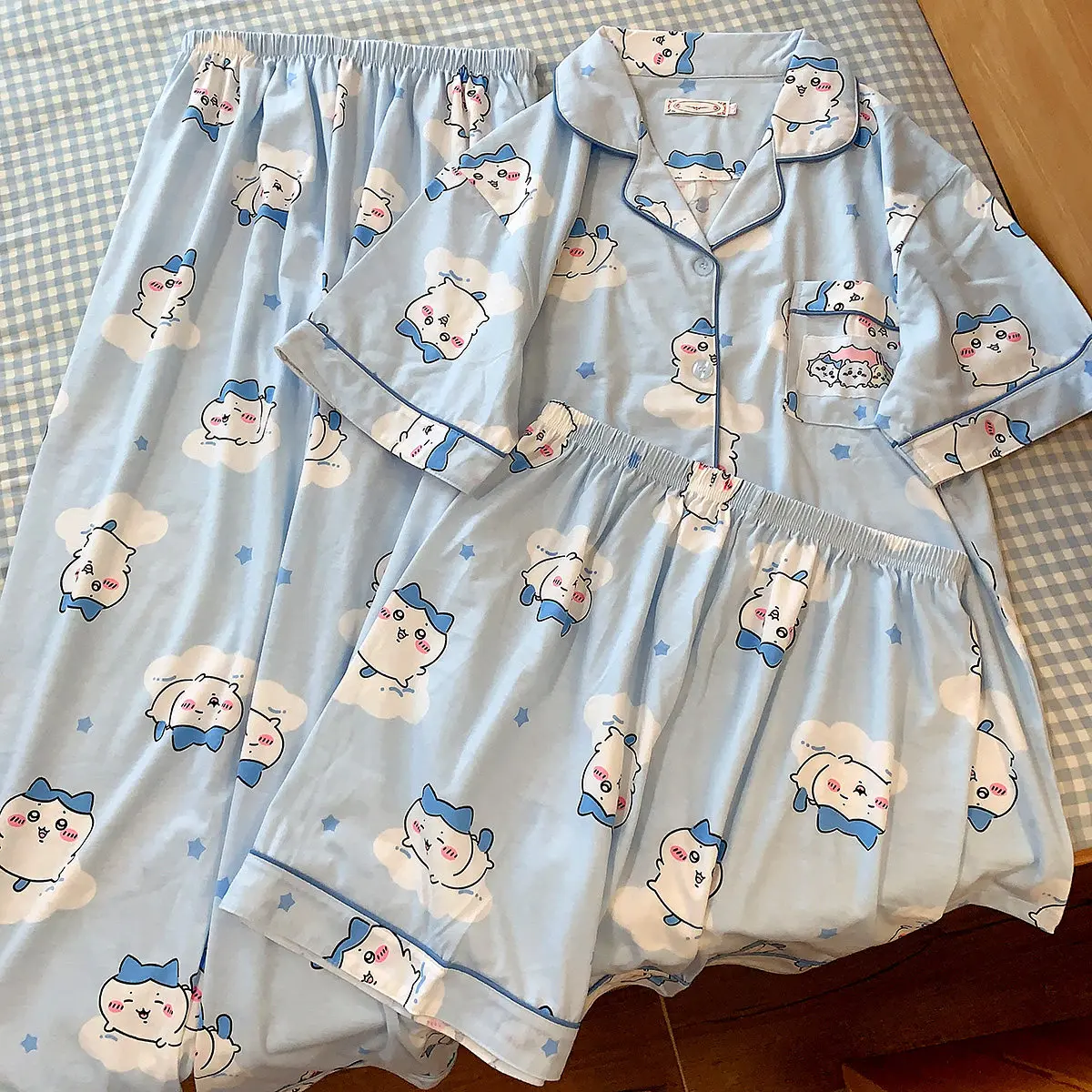 3Pcs Anime Chiikawa Women Pajama Set Cartoon Hachiware Lapel Short Sleeve Top Shorts Long Pants Soft Kawaii Girls Homewear Gift
